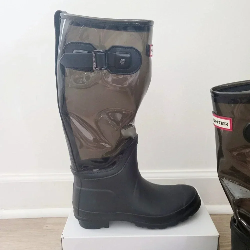 Hunter Fisherman Black Clear Buckle Rubber Tall Rain Outdoor Boots Shoes 7